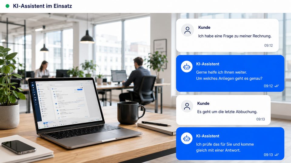 KI-Assistent unterstützt die Kundenkommunikation in einer modernen Büroumgebung
